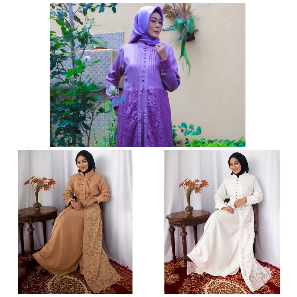 set 2in1 setelan inner + outer long dress gamis maxi abaya brukat glitter elegan mewah