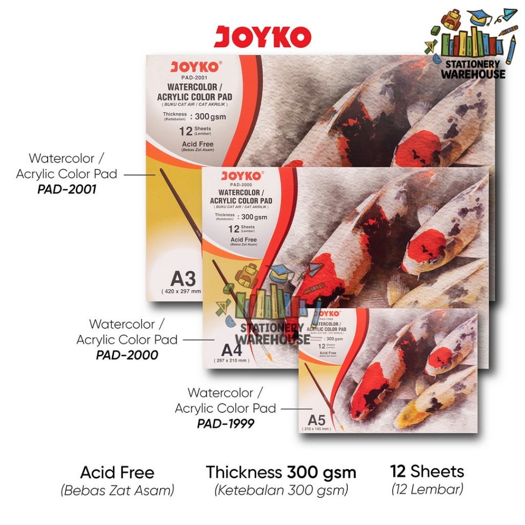 

Joyko Watercolor Pad Buku Gambar Cat Air Akrilik 300 gsm 12 Sheets PAD-1999 PAD-2000 PAD-2001 A5 A4 A3