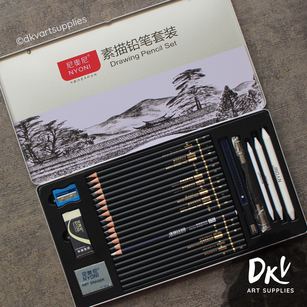 

NYONI Sketch drawing pencil pensil grafit charcoal arang 29 pcs set tin case i P7T5