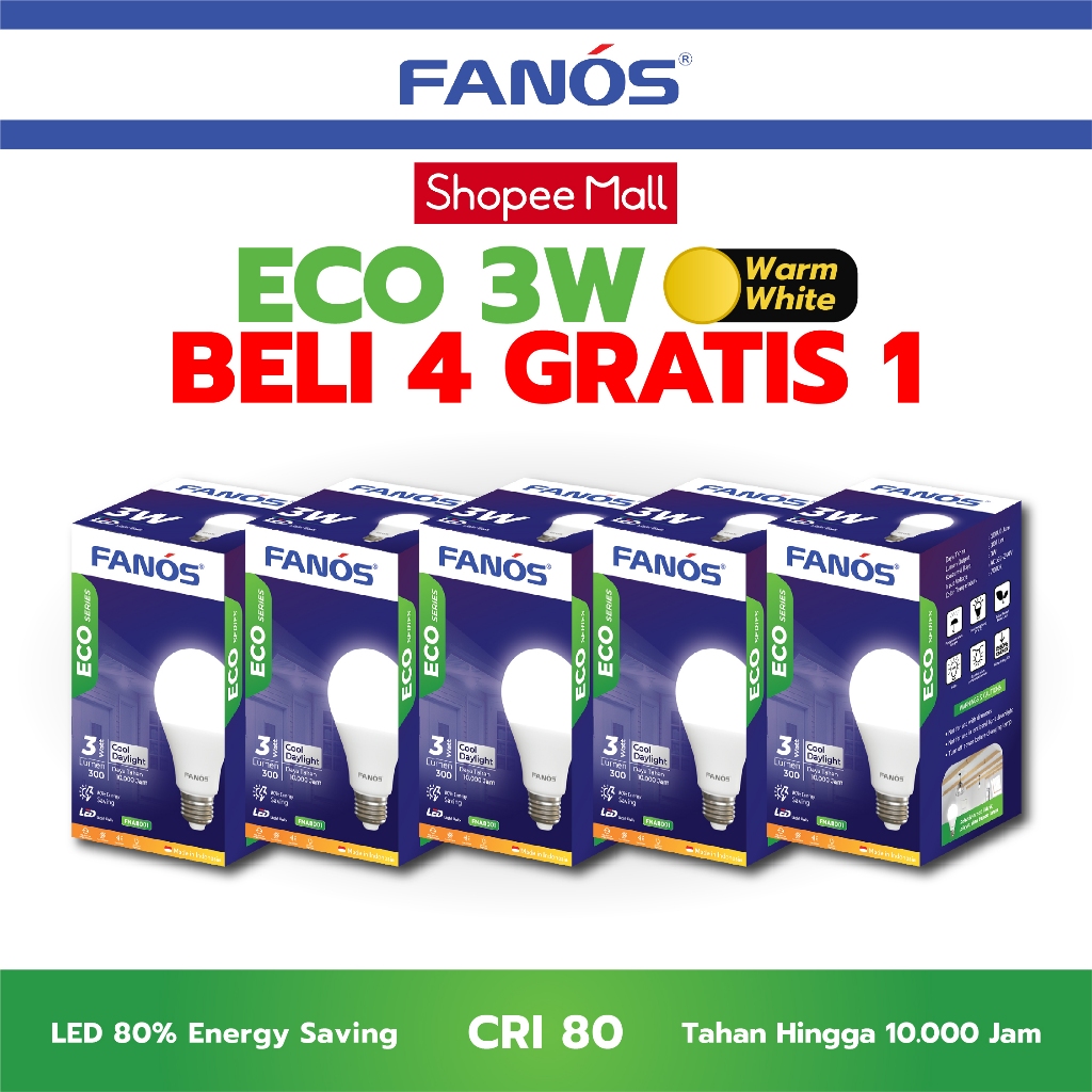 Fanos Eco 3W [Beli 4 Gratis 1] Lampu LED Bohlam Cahaya Kuning Bergaransi