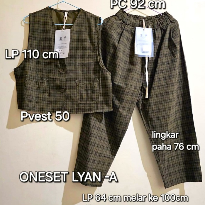 Oneset GZ vest model kancing motif kotak army + celana panjang model kulot motif kotak army merk LYA