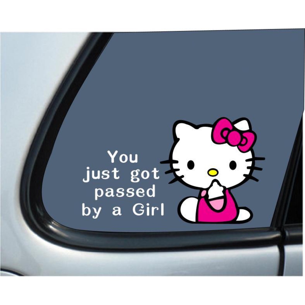 SINDEH GRAPHICA CUTTING STICKER KACA MOBIL HELLO KITTY " kamu di dahului cewek? " VARIASI UNIK STIKE