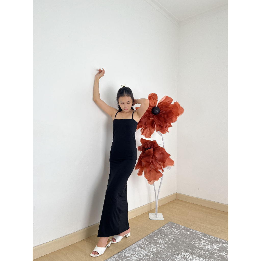 [Lolabae] JINHE Terusan Wanita | Bodycon Long Maxi Dress | Terusan Polos Spaghetti Strap | Hijab Fri