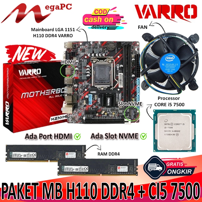 Paket Motherboard LGA 1151 H110 DDR4 NEW + Core i5 7400 / 7500 + FAN + RAM