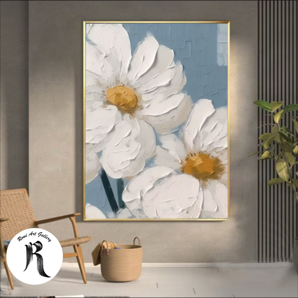 lukisan bunga putih cantik - lukisan minimalis - lukisan kanvas bunga
