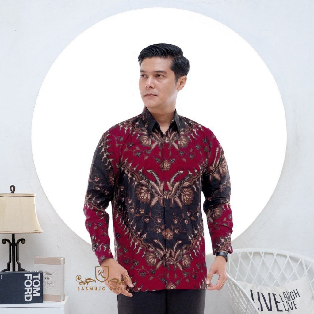 PROMO-TERBARU-KEMEJA BATIK PRIA LENGAN PANJANG MURAH MEWAH MOTIF KERIS MERAH BATIK PEKALONGAN