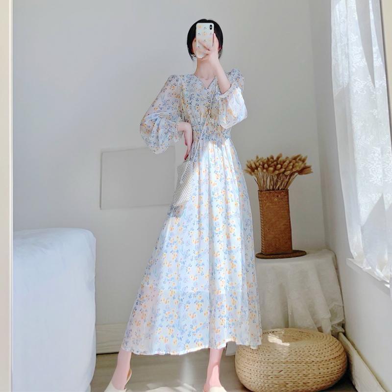 TYANA Dress Motif Tunik Bunga Sifon Lengan Panjang Import Korean Style