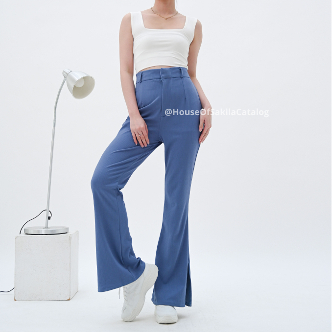 HOSC - Celana Cutbray Wanita Highwaist Bahan Knit Premium Flare Pants Belah Samping Kulot Slit