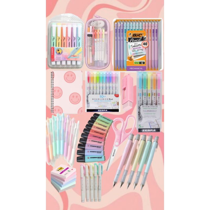 

satu set peralatan sekolah aesthetic dapat 2 notebook, 4 stabilober warna, 1 tempat pencil, 1gunting, 1penggaris,4 pencil,5 pulpen warna hitam-merah-biru, 1 pack Stikinote