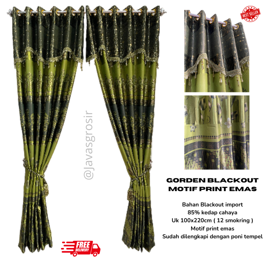 Gorden Blackout Import Poni Tempe 12 Smokring / 6 gelombang Gorden Blackout Motif Tinta Emas