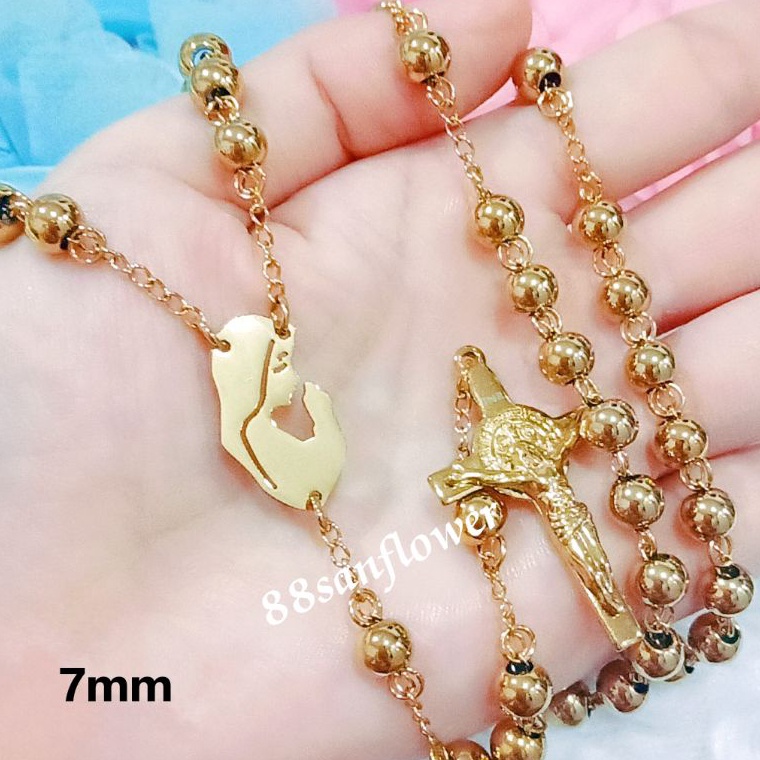 KODE L58S ROSARIO TITANIUM GOLD SILVER Kalung Rosario Bunda Maria St Benedict Katolik Medali Wasiat