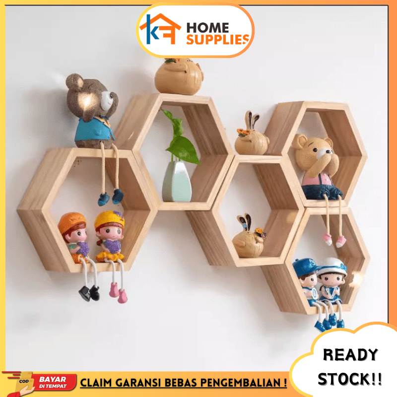 【KF】Rak Kayu Dinding Hexagonal Hiasan Dinding Aesthetic Rak Hexagonal Kayu Jati Pajangan Hiasan Dind