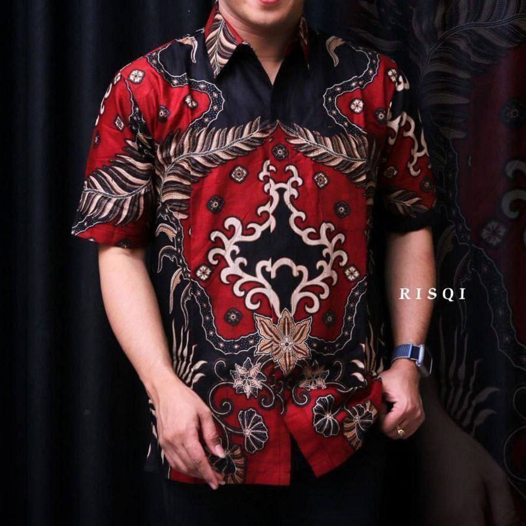 Kemeja Hem Baju Batik Pria Modern Lengan Pendek motif Kenzo Merah Katun