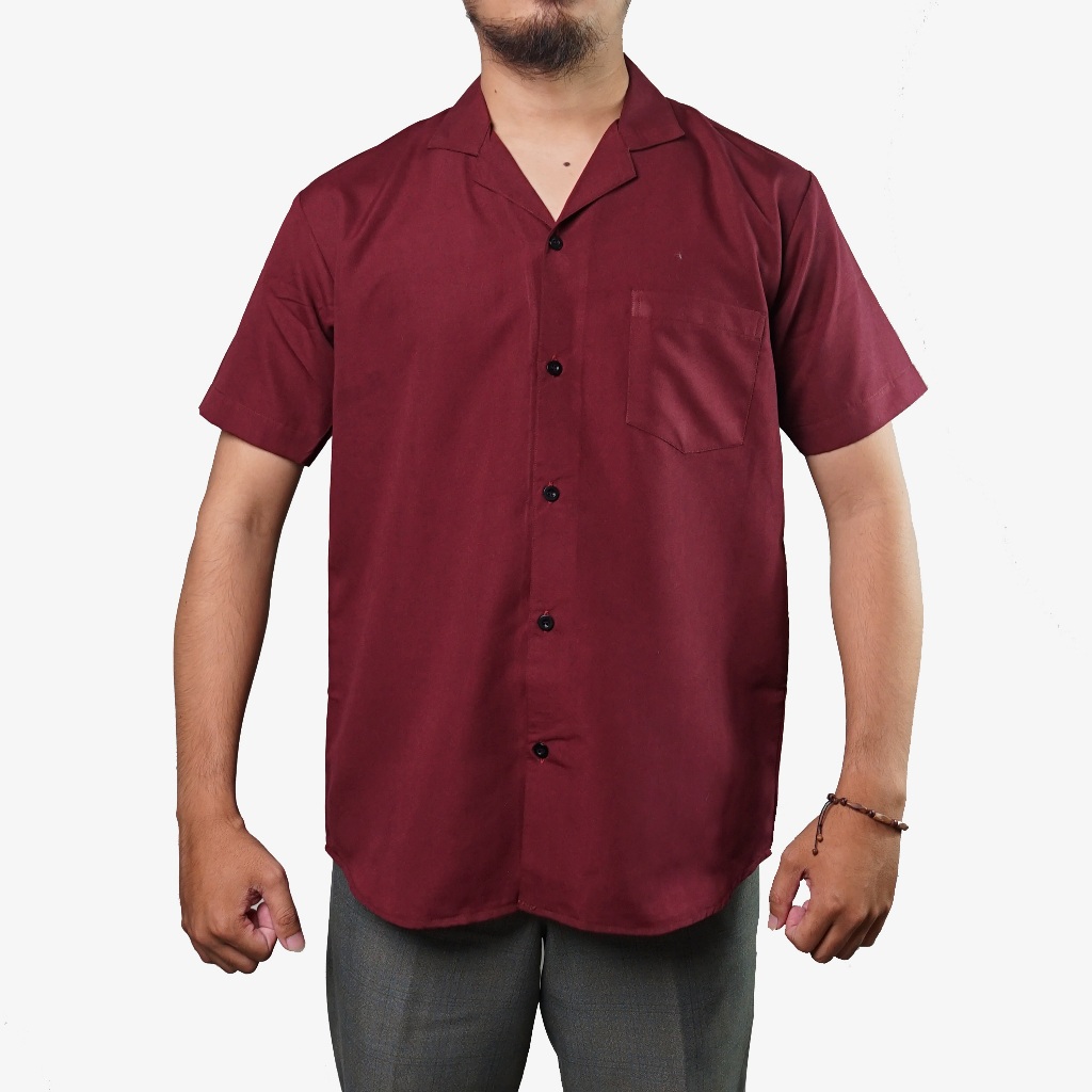 Kemeja Helmas Polos Kemeja Hawai Lengan pendek Kemeja Kasual pria Kemeja Pantai Baju Santai Maroon