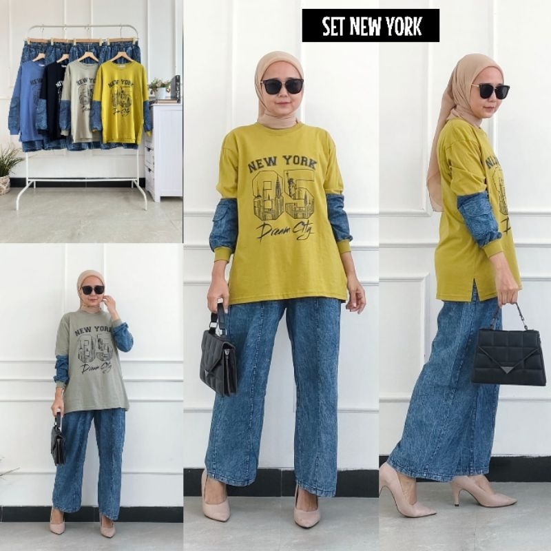 One Set Jeans Denim Combed Premium Kombinasi New York Wanita Setelan Celana RN Q28JUN24