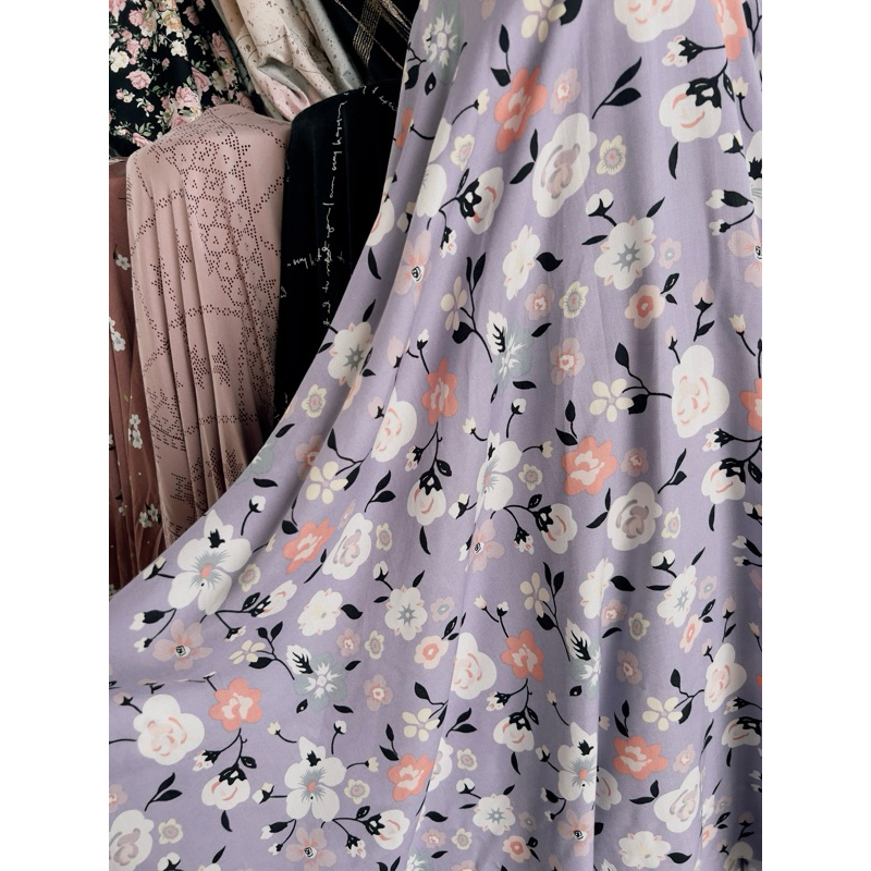 kain katun rayon viscose premium motif bunga lilac terbaru