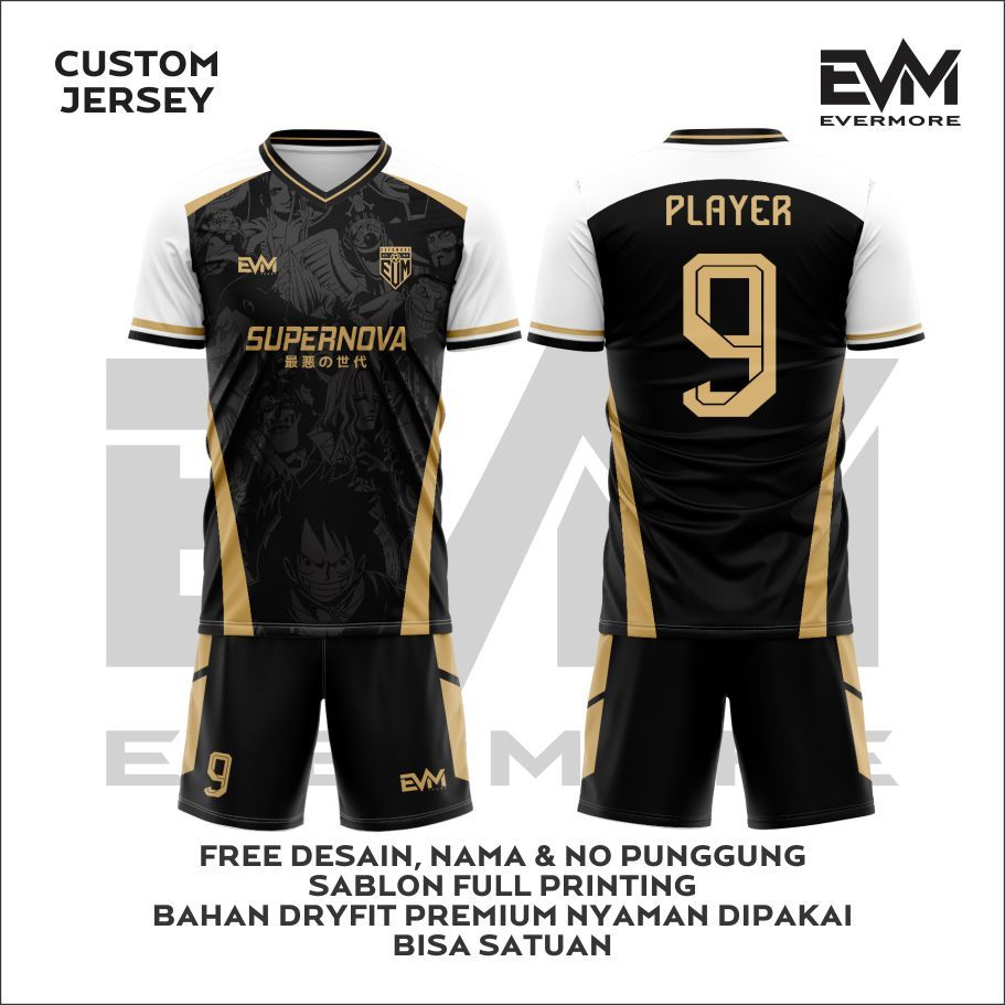 JERSEY FUTSAL SUPERNOVA ONE PIECE  Hitam Putih Gold Full Printing Bisa Request Nama EVERMORE SPORTWE