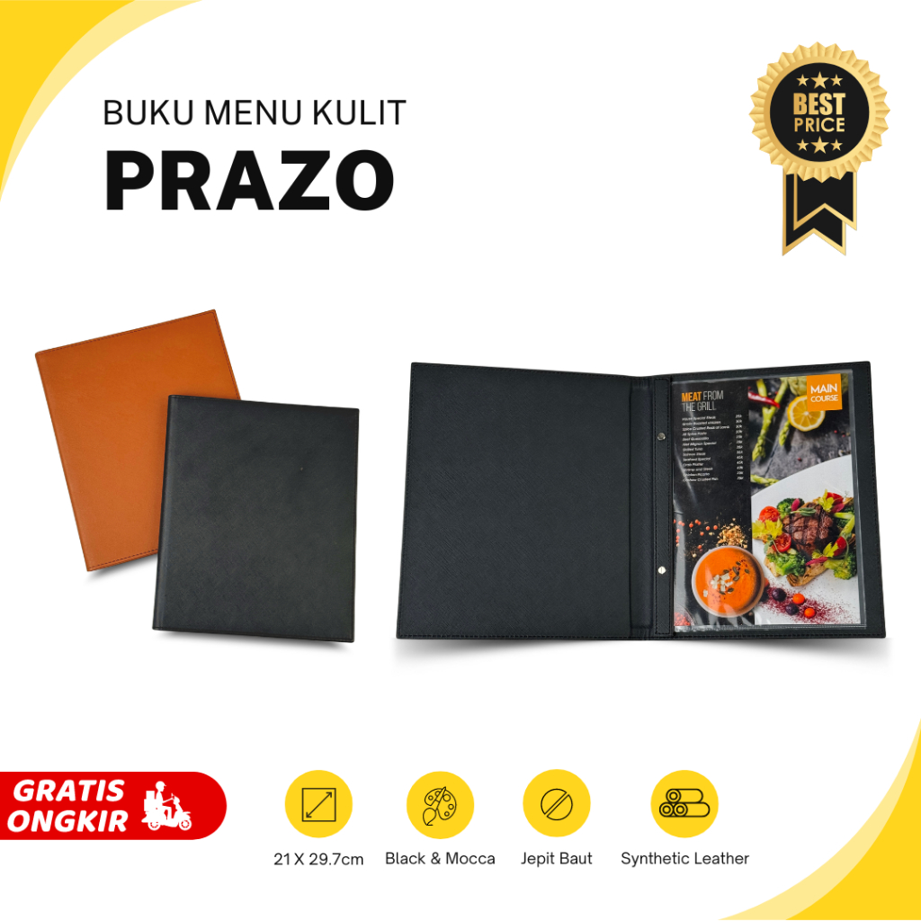 

Buku Menu Kulit Prazo ukuran A4 model Jepit Baut - Cafe Restoran Hotel