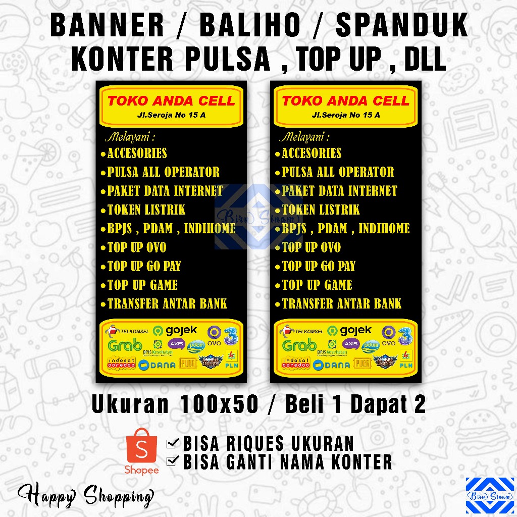 Banner Konter Top Up Pulsa Paket Data Dll , Ukuran 100x50CM , Beli 1 Dapat 2
