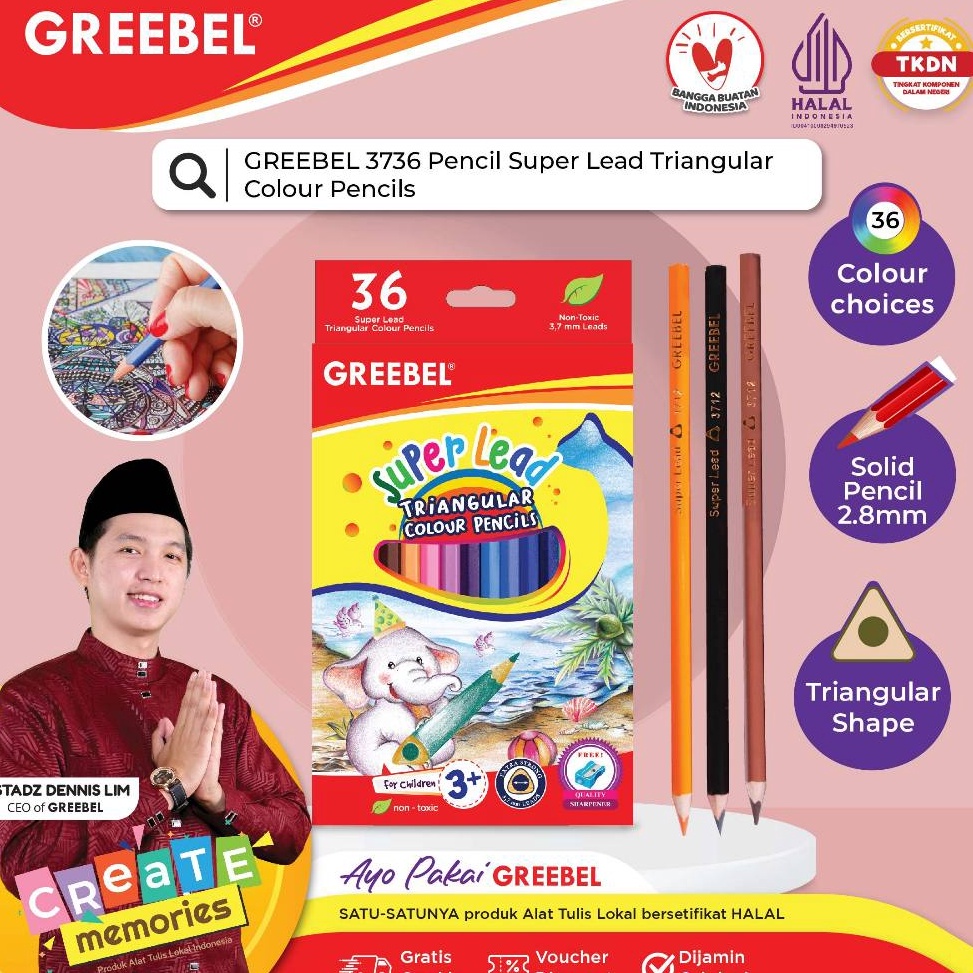

KODE B47O GREEBEL Pensil Warna 3736 SUPER LEAD ISI 36 ColoringColorColour Pencils Cerah tidak beracun utk mewarnai anak
