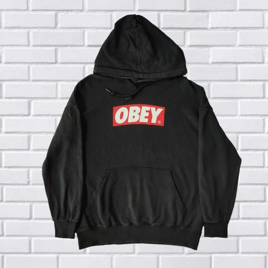 SWEATER HOODIE OBEY BOX LOGO, SIZE L-XL (SECOND BRANDED) HITAM, HD0047