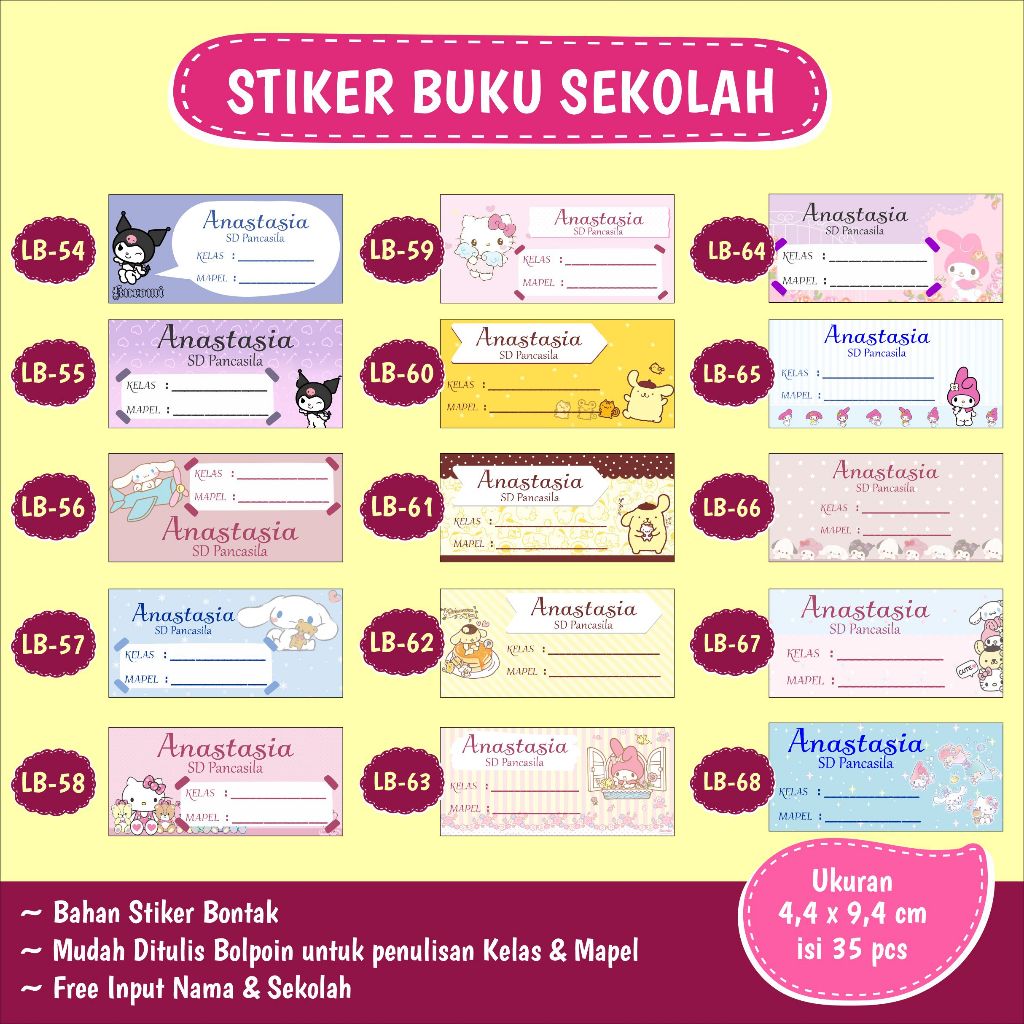 

Isi 35 pcs KUROMI CINNAMOROLL HELLO KITTY POMPOMPURIN MY MELODY STIKER NAMA SEKOLAH ANAK | LABEL BUKU | STIKER BUKU PELAJARAN SAMPUL KARAKTER