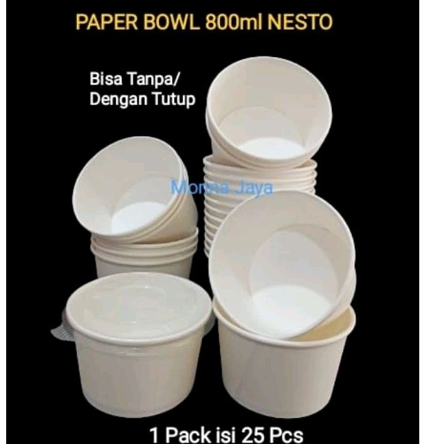 Paper Bowl 800ml NESTO/Mangkok Kertas 800ml Putih dan Coklat/Rice Bowl 800ml +Tutup Isi 25 Pcs