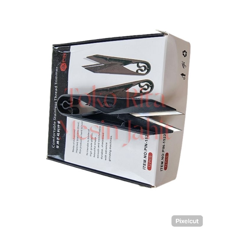 

KODE I8U2 Satu lusin isi 12 pcs gunting buang benang merk PIN1522 gagang plastik hitam