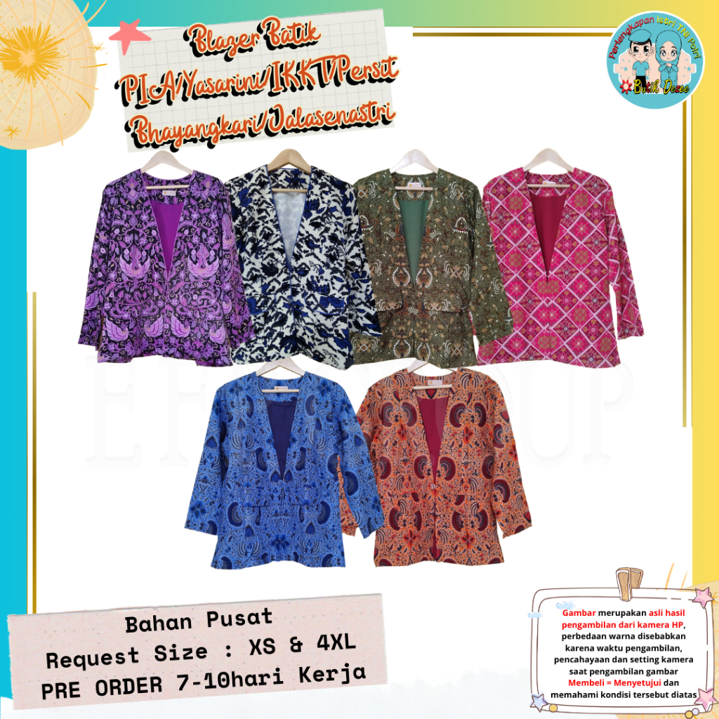 (PRE ORDER..) BLAZER BATIK PIA/IKKT/PERSIT/BHAYANGKARI/JALASENASTRI SUDAH JADI SIZE XS & 4XL