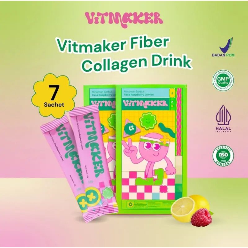 Vitmaker Fiber Collagen Drink Box 7 Sachet (Minuman Serbuk Rasa Raspberry Lemon) Vitmaker Stevia Vit