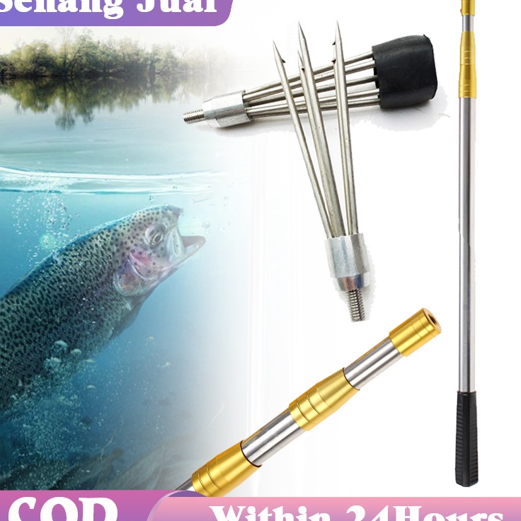 Obral Pesanan  Tombak Pancing Ikan Berduri Mata 5 Dan Tiang Jaring Celup 21M Baja Tahan Karat