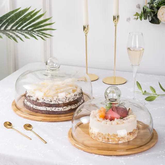 Wood Cake Display Holder with glass cover Tempat kue dengan tutup kaca extra besar