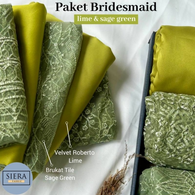 Paket Lengkap Kain Bridesmaid Premium / Satin Velvet Lime + Brukat Tile Sage Green