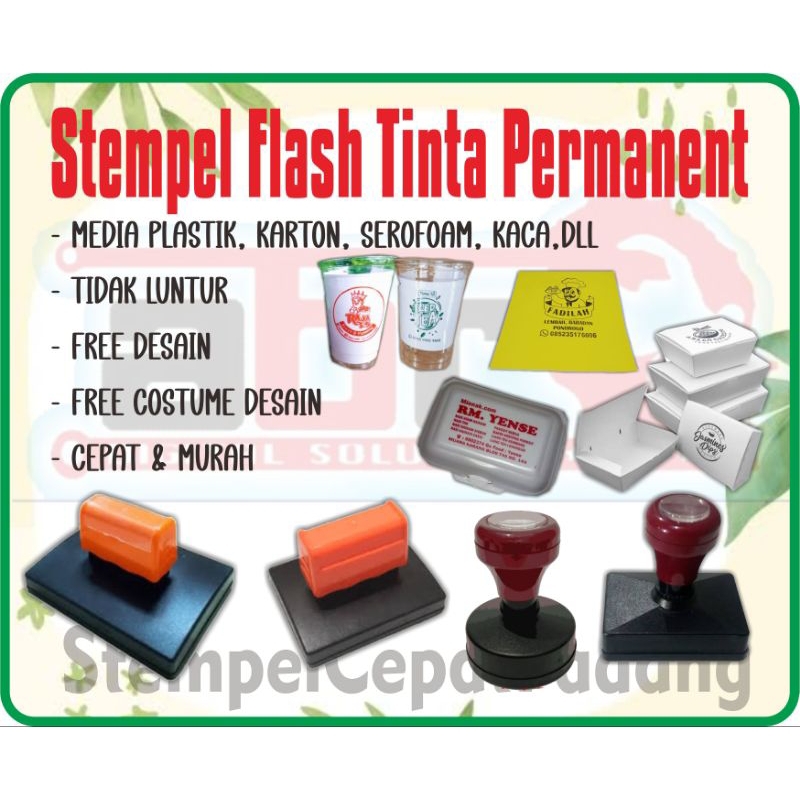 STEMPEL FLASH + TINTA PERMANEN 10ml & 15ml UNTUK MEDIA PLASTIK,CUP,KOTAK NASI,SEROFOAM - FREE DESAIN
