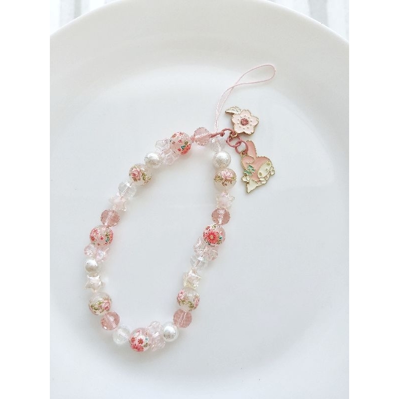 phonestrap melody pink dengan Japanese tensha beads
