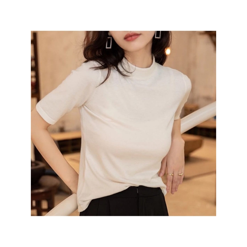 Turtleneck Lengan Pendek/Kaos Krah Tinggi Cewek/Kaos Rib Premium