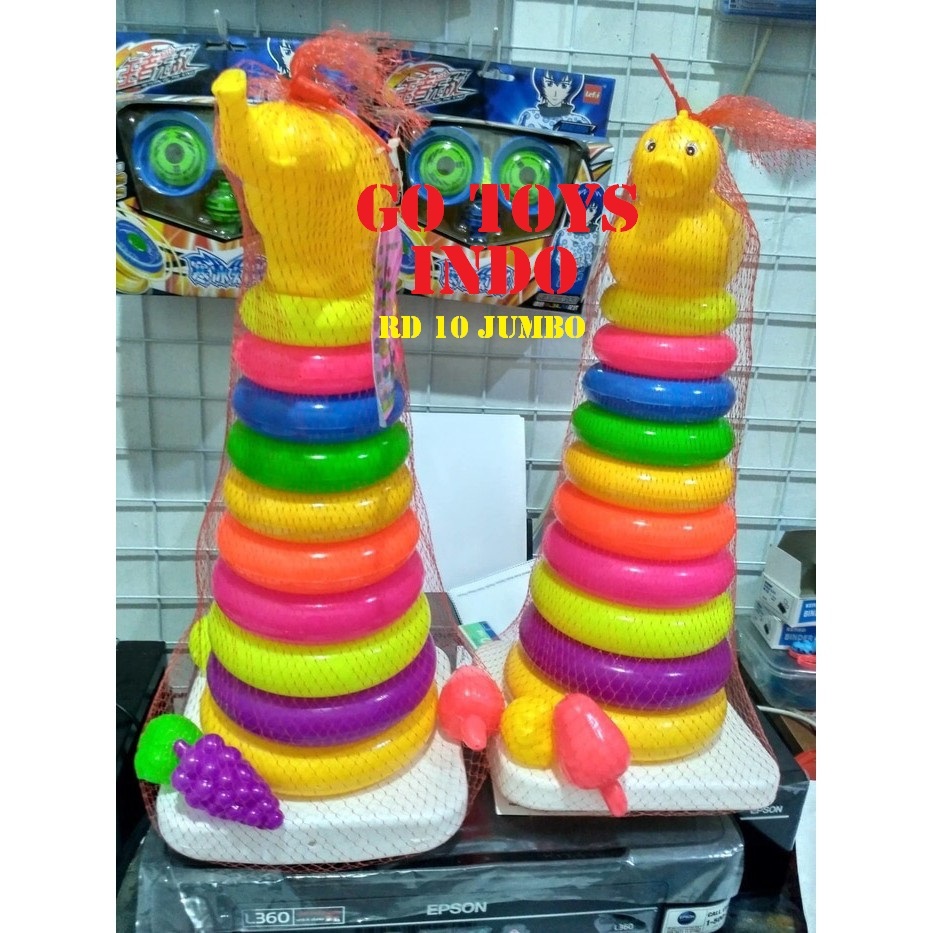 Mainan Anak Edukasi Ring Donat Jumbo 10 & 12 Susun Ring Bebek Gajah Jala