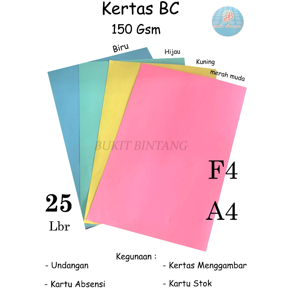 

Karton manila / kertas BC Warna / Bc Kuning , Bc Merah , Bc Hijau , Bc Biru ,150 Gsm Uk F4/A4 , Isi 25 Lembar