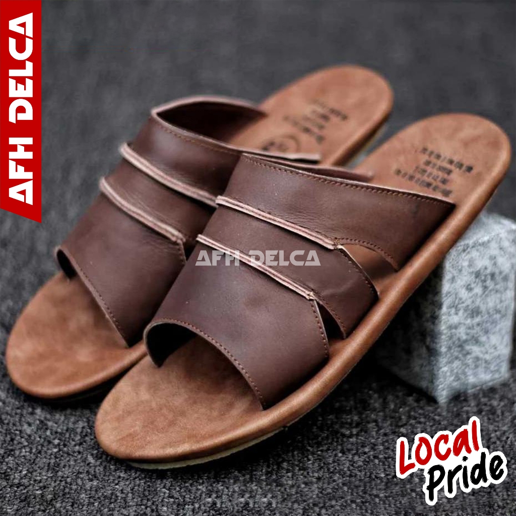 DELCA -  Sandal Slide Pria Sandal Slop Pria Kulit Asli Ori Sendal Selop Cowok / Cowo kekinian