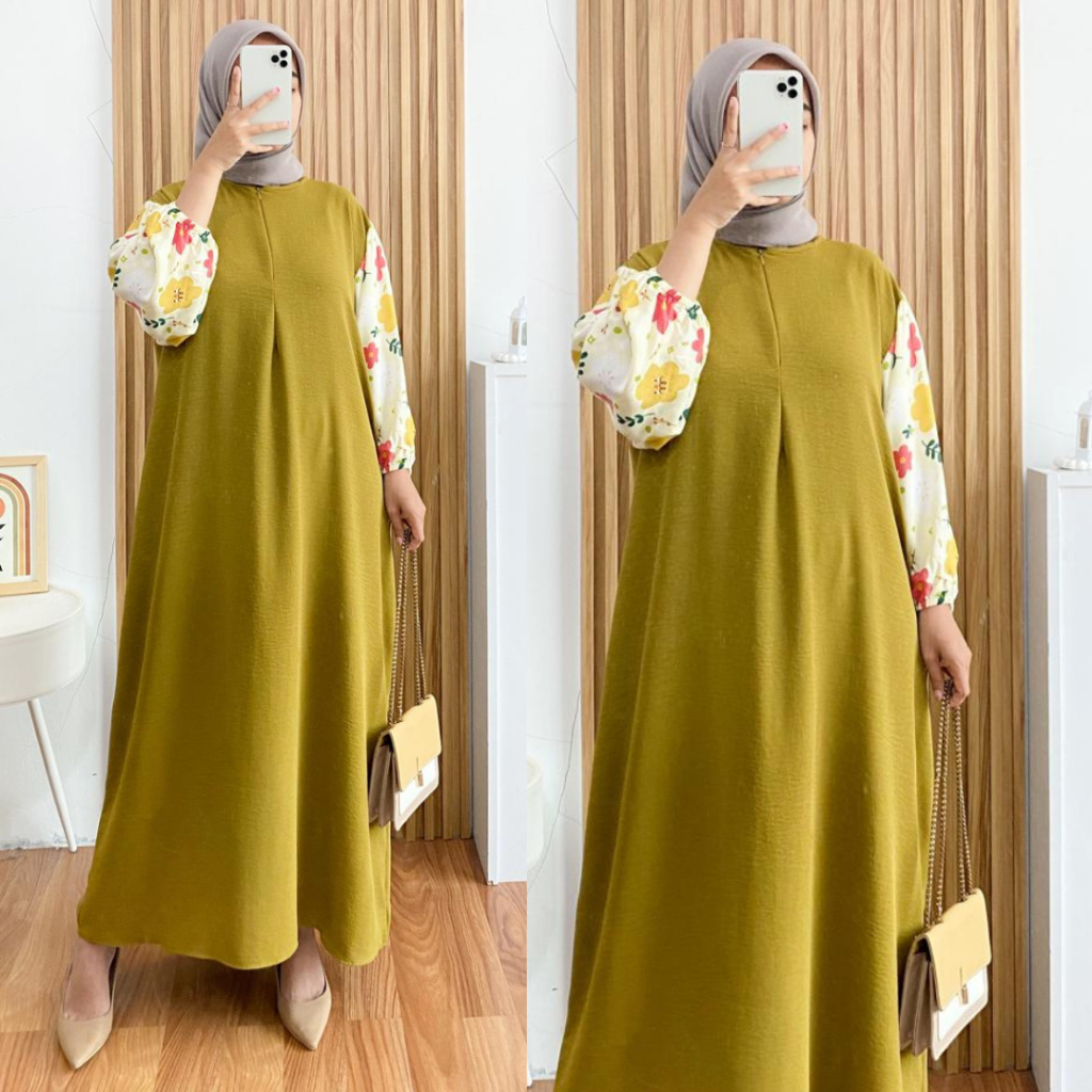Kinanti Dress Gamis Wanita Lengan Panjang Kombinasi Warna Polos & Motif Gamis Muslimah Yayuku
