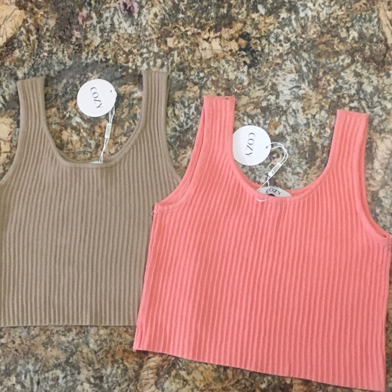 tank top premium knit crop tanktop square neck peach brown sexy fit body women import baju atasan ra