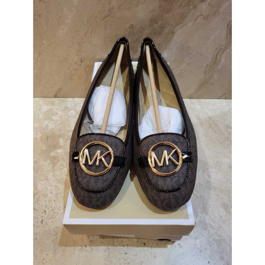 Sepatu lili lillie moccassin flat shoes sign brown gold hardware