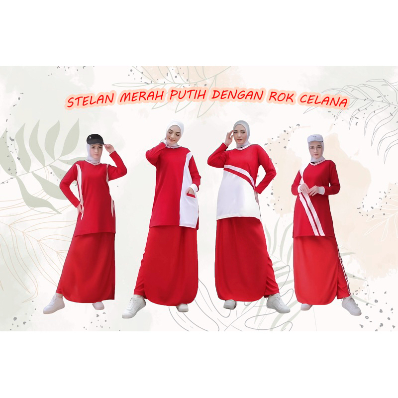 STELAN BAJU OLAHRAGA MUSLIMAH MERAH PUTIH DENGAN ROK CELANA RED SERIES