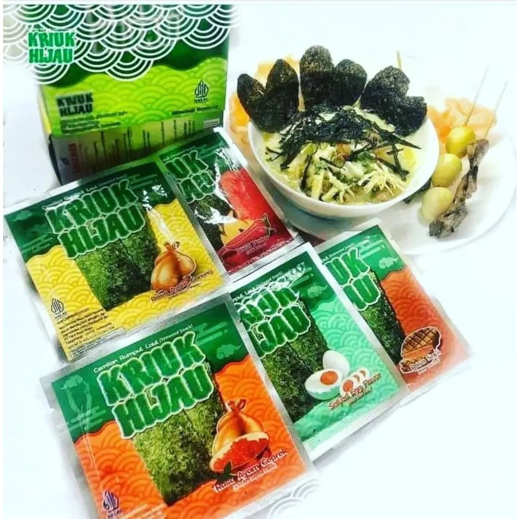 

(pcs) KRIUK HIJAU Cemilan Rumput Laut Seaweed Snack Nori Goreng 4gr