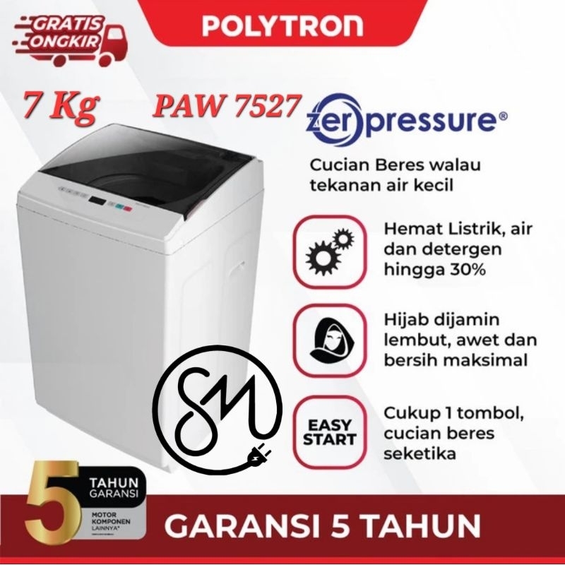 Mesin cuci Polytron PAW-7527 7.5 Kg 1 tabung top loading Zeromatic Hijab Series PAW7527