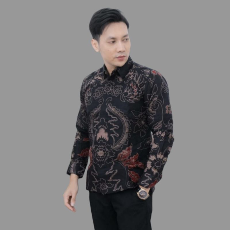 Batik Pria Lengan Panjang Kembang Abang Batik Pria Modern Slim Fit Keris Modern Premium Baju Atasan 