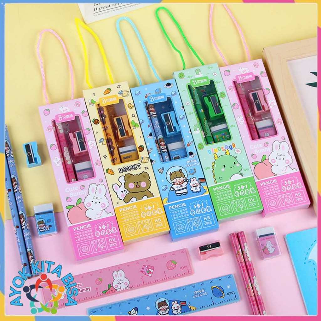 

AKB Stationery Set 5 in 1 Alat Tulis Anak Sekolah Penghapus penggaris Pensil Serutan Karakter Lucu Set Alat Tulis Anak Motif Kartun