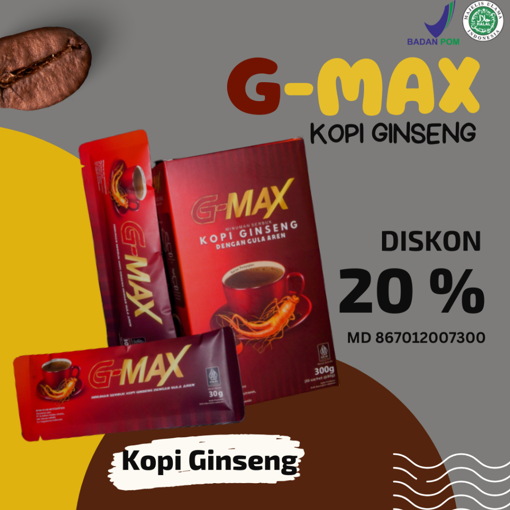 

G-MAX Kopi Instan Penambah Stamina Pria-Kopi Ginseng Dengan Gula Aren Minuman Penambah Stamina Pria BPOM Halal Isi 10 Sachet