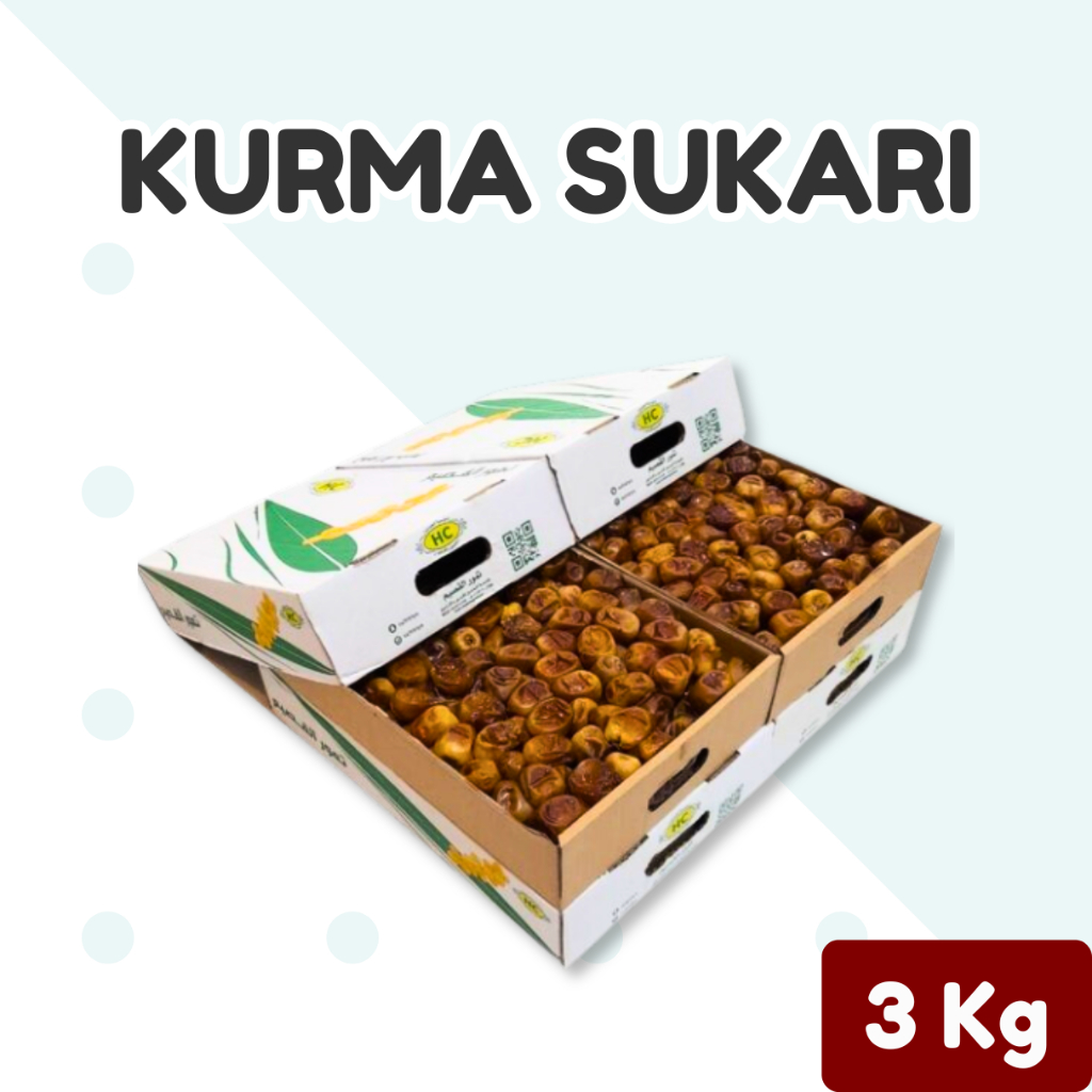 

Kurma Sukari 3 kg Basah Al Qassim | Sukkari Premium Al Qasim Lembut Manis 100% Asli | Kurma Arab Original | Murah Berkualitas