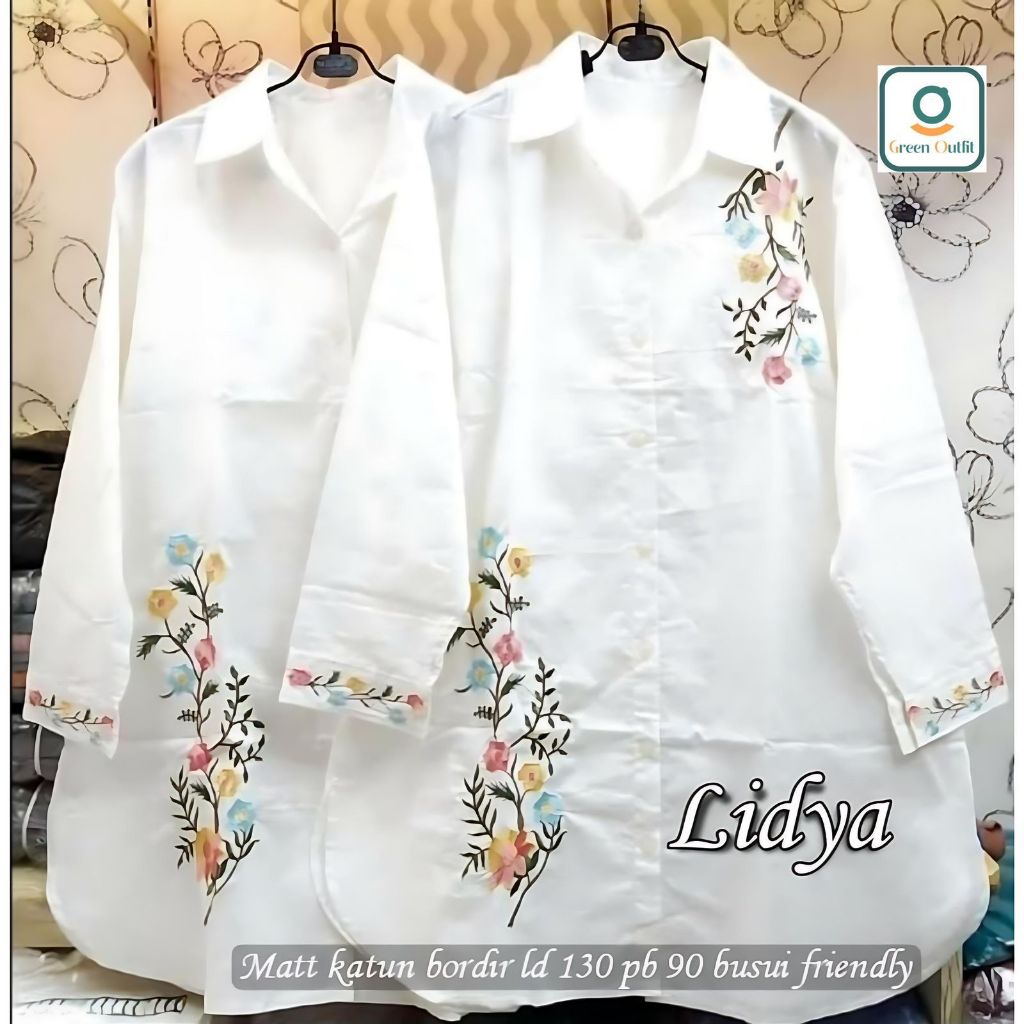 lidya baju blouse kemeja atasan wanita muslim jumbo ld 130 katun bordir polos putih kekinian terbaru